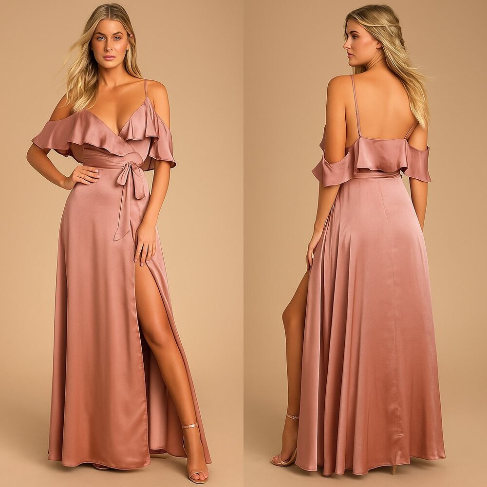 Lulu's Dress Moriah Rose Pink Satin Wrap Maxi Dress Cold Shoulder Size Small‎